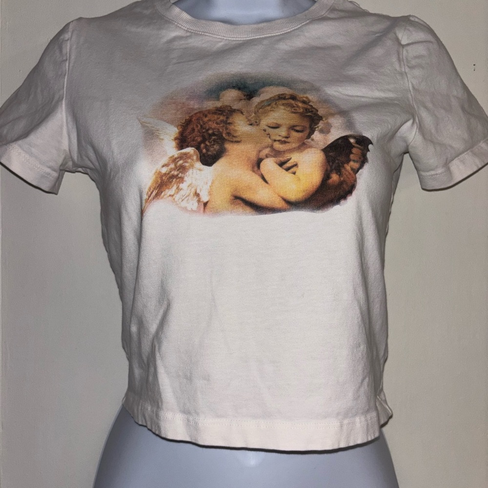 Forever 21 White Cherub Graphic Crop Tee Angel Baby Top Size Small